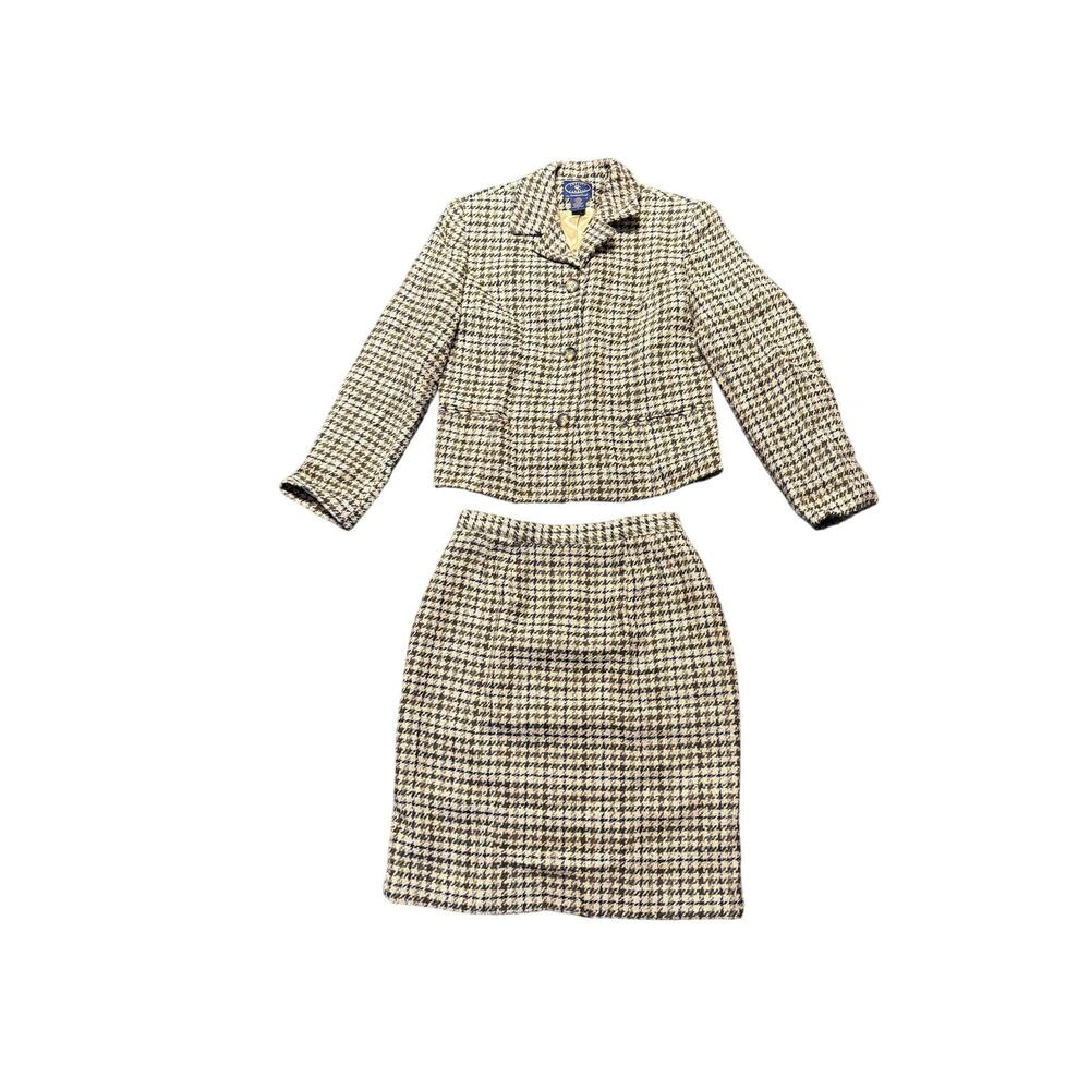 vintage chelsea cambell brown beige wool Blazer skirt suit set Tweed Plaid